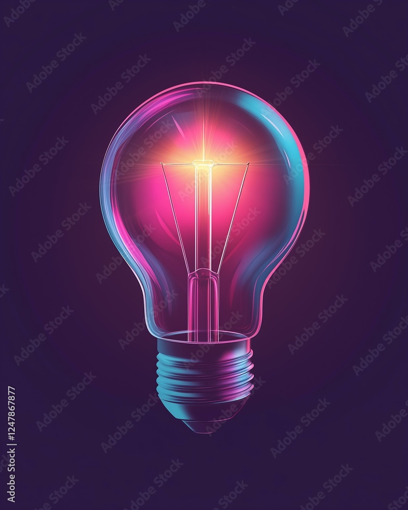 Fototapeta premium A vibrant light bulb glowing with colorful neon effects against a dark background.