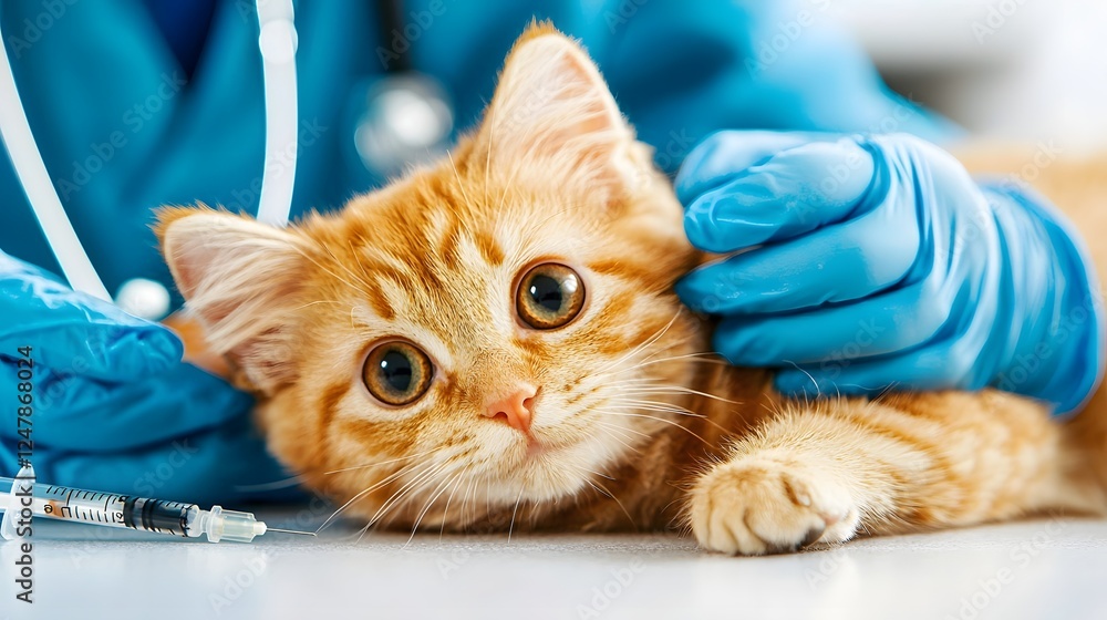 Naklejka premium Close up of veterinarian s hands wearing protective gloves and holding a syringe to provide a vaccination for a furry cat patient during a routine wellness check up at the animal clinic