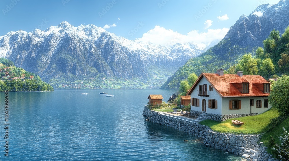 Fototapeta premium Secluded Lakeside Chalet Majestic Mountain Panorama Idyllic Alpine Retreat Tranquil Escape Scenic Beauty Breathtaking View