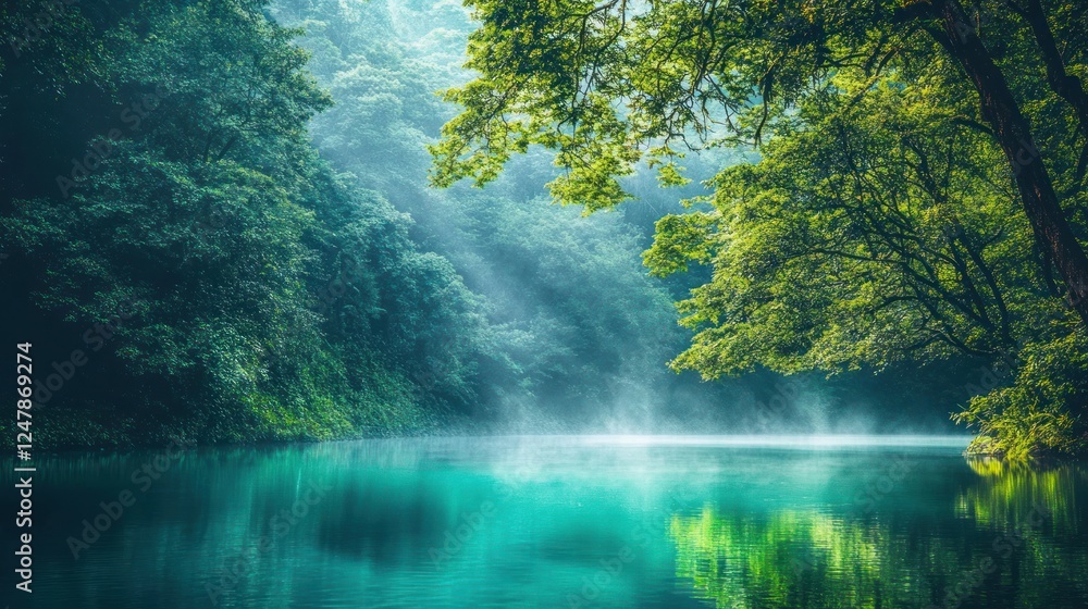 Fototapeta premium Mystical Lake: Serene Waters and Lush Green Forest in the Early Morning