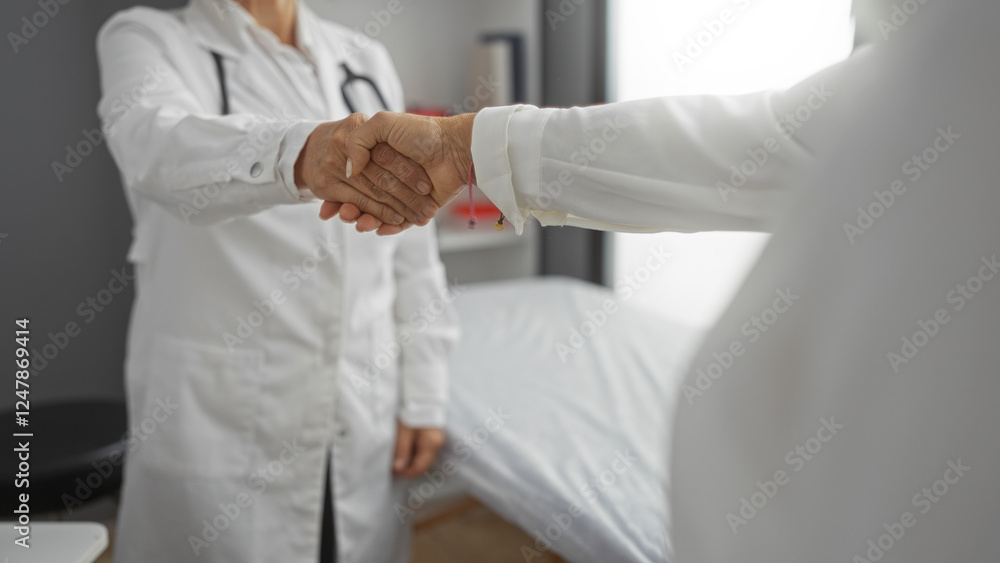 Doctor shaking hands with patient in a clinical setting, showcasing a professional interaction in a hospital room focused on healthcare delivery and partnership. Doctor shaking hands with patient in a clinical setting, showcasing a professional interaction in a hospital room focused on healthcare delivery and partnership.