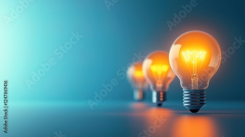 Three illuminated light bulbs arranged sequentially against a gradient blue background, representing innovation, energy, and creative thinking.