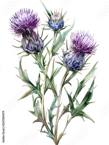 Watercolor Purple Thistle Isolated on White Background. Beautiful Thistle Flower