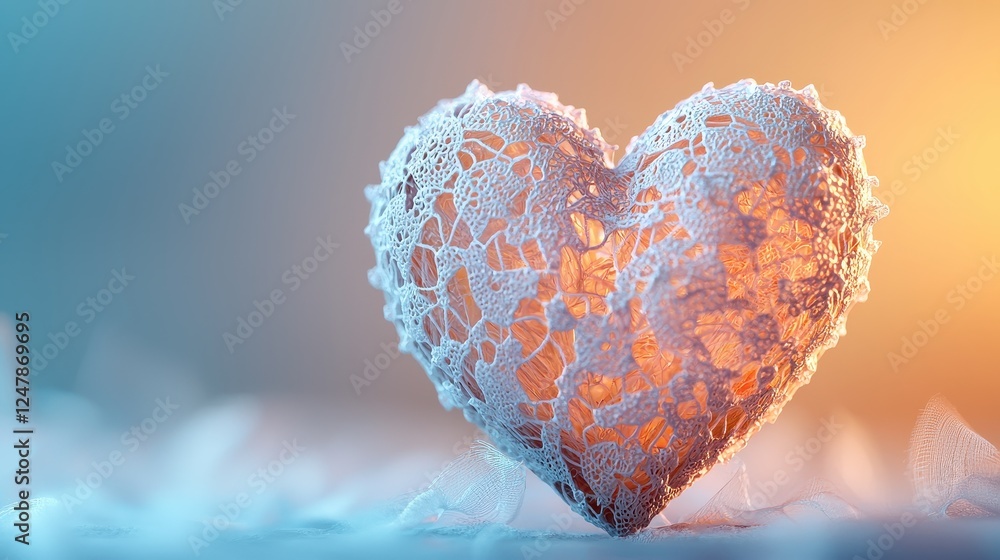 Fototapeta premium A delicate lace heart illuminated softly against a gradient background, symbolizing love and romance.