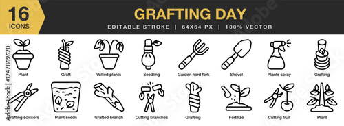 Grafting Day icon set. Editable Stroke Icon Collection. Includes graft, nature, plant, growth, gardening, and More. Outline icons vector collection.