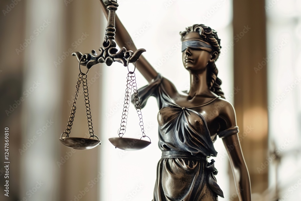 Statue of justice Goddess Themis on blurred background. Symbol of law. With copy space. Statue of justice Goddess Themis on blurred background. Symbol of law. With copy space.