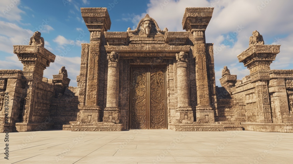 Obraz premium Colossal Ancient City Gate Flanked by Towering Structures