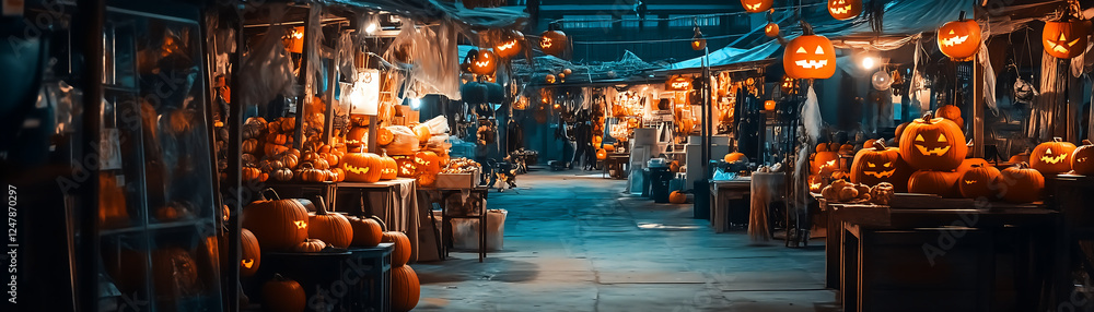 Naklejka premium A vibrant Halloween market filled with carved pumpkins and festive decorations, showcasing the joyful spirit of the holiday