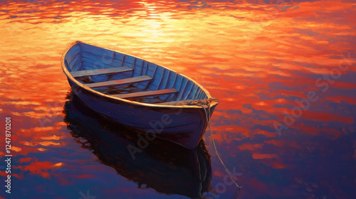 A small, traditional boat on calm water, reflecting the vibrant colors of a distant sunset.