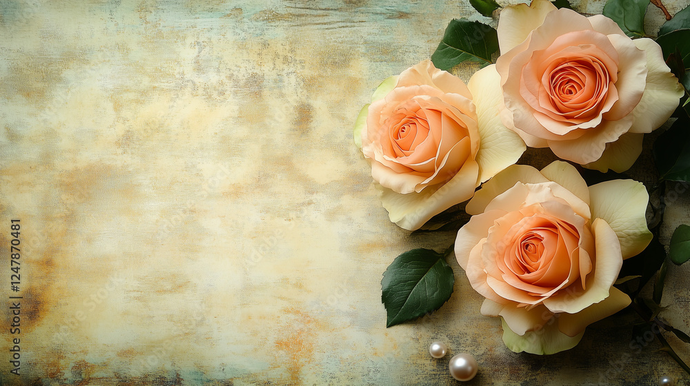 Obraz premium Peach roses on vintage textured background in Victorian style. Floral romantic card with space for text, elegant, invitation, wedding, design, art, pattern.