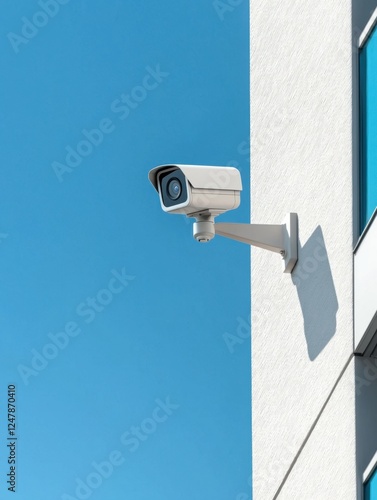 A security camera is mounted on a building, overlooking a clear blue sky, emphasizing surveillance and safety.