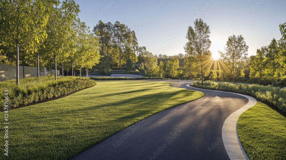 Fototapeta premium Tranquil garden setting, expansive lawn space, curving asphalt trail, backlit trees, golden hour sunburst, deep blue morning sky, architectural landscape composition