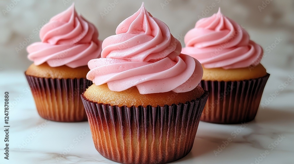Three delicious cupcakes topped with swirled pink frosting, beautifully baked and presented on a light surface. Three delicious cupcakes topped with swirled pink frosting, beautifully baked and presented on a light surface.