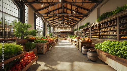 A vibrant indoor market filled with colorful fruits and vegetables. The rustic wooden shelves and spacious layout create an inviting atmosphere for shoppers and visitors.
