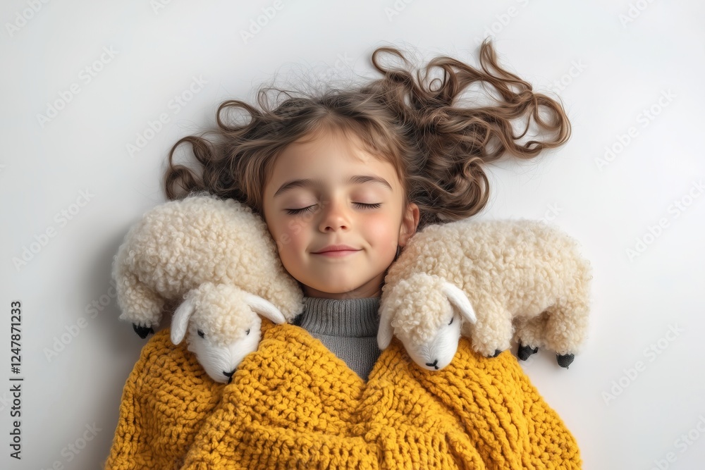 A serene image of a young girl sleeping peacefully, wrapped in a cozy yellow blanket and accompanied by two fluffy plush sheep, conveying a sense of comfort, calm, and relaxation. A serene image of a young girl sleeping peacefully, wrapped in a cozy yellow blanket and accompanied by two fluffy plush sheep, conveying a sense of comfort, calm, and relaxation.