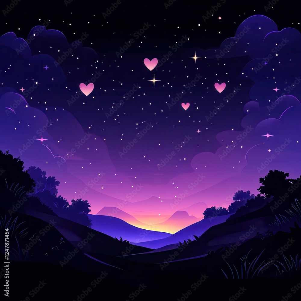 Fototapeta premium A serene twilight scene with purple hues, twinkling stars, and floating hearts, set against silhouetted hills and a tranquil horizon.