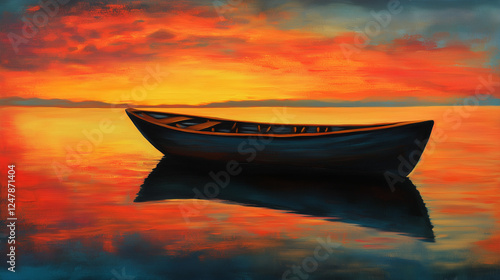 A small, traditional boat on calm water, reflecting the vibrant colors of a distant sunset.