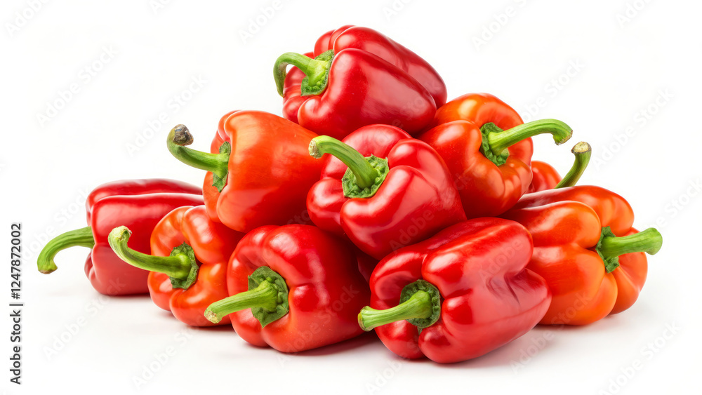 Fresh Red and Orange Bell Peppers Stacked on White Background for Culinary Use and Presentation Fresh Red and Orange Bell Peppers Stacked on White Background for Culinary Use and Presentation