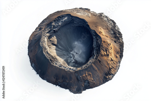 Aerial view extinct volcano with massive hole isolated on white background, Selective focus mountain on white, Landscape view of volcano mountain. photo