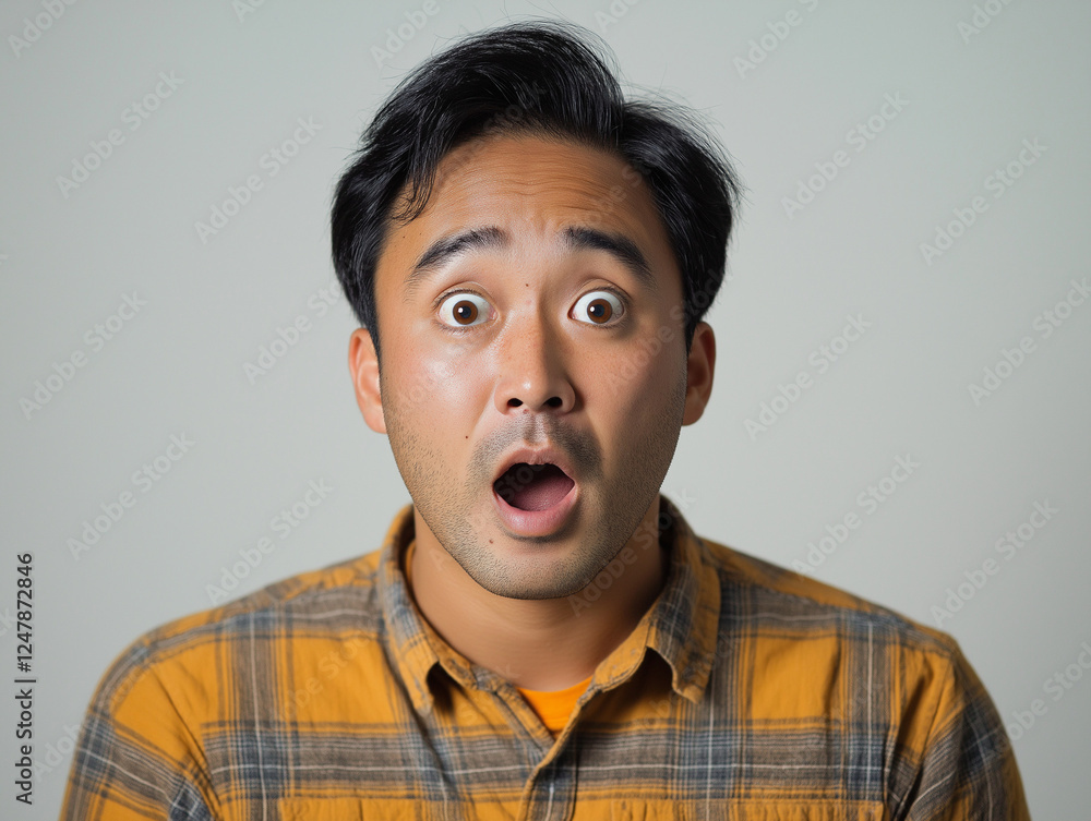 Portraits of a surprised young man displaying shocked and amazed facial expressions with hands raised, captured against a clean white studio background, conveying emotions of disbelief and astonishmen Portraits of a surprised young man displaying shocked and amazed facial expressions with hands raised, captured against a clean white studio background, conveying emotions of disbelief and astonishmen