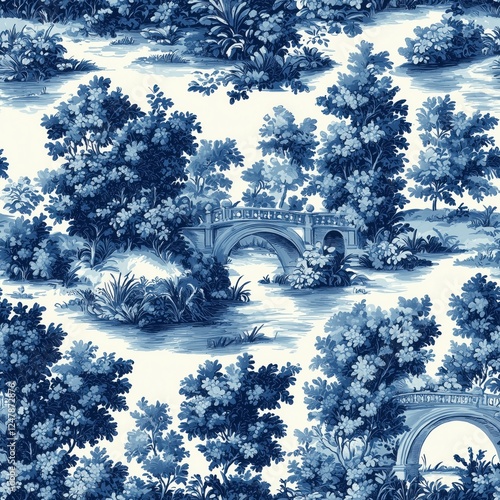 Elegant blue and white Toile de Jouy seamless pattern with vintage landscape, romantic bridge over river, lush trees, classic European countryside scenery, artistic heritage-inspired design. photo