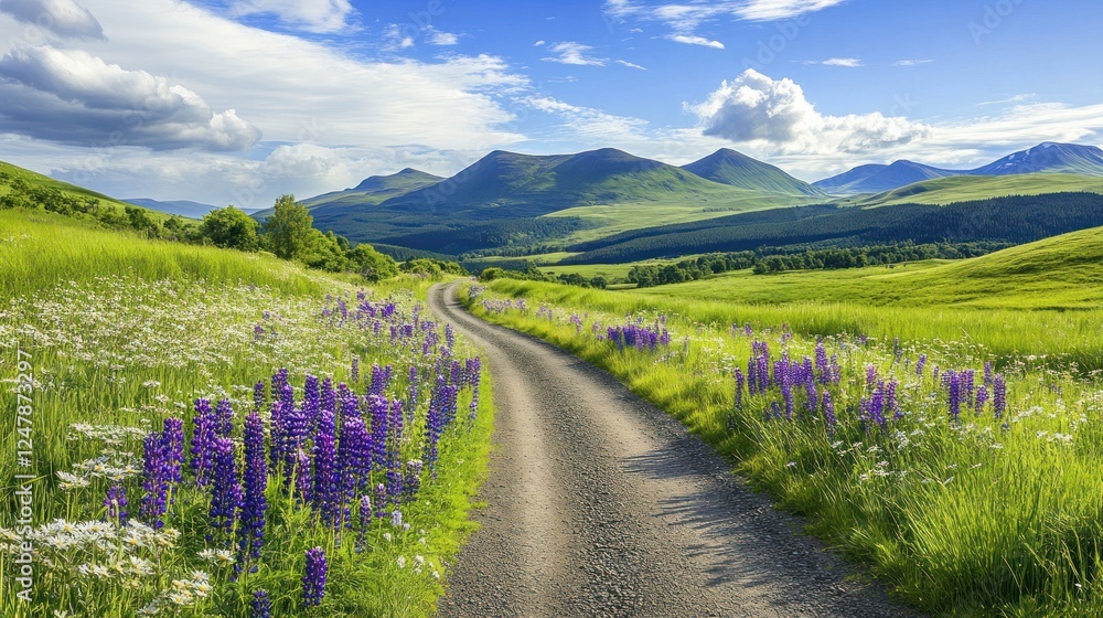 Fototapeta premium Picturesque Pathway Through a Lush Meadow with Distant Mountain Views