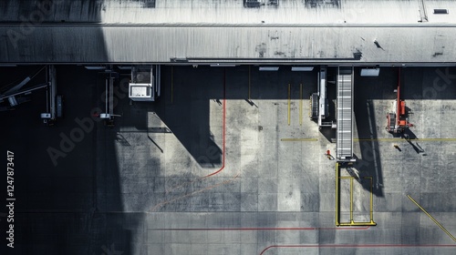 overhead airport operations scene, narrow-body aircraft parking, terminal connection bridge, baggage loading equipment, precise ground safety lines, industrial transportation photography, harsh