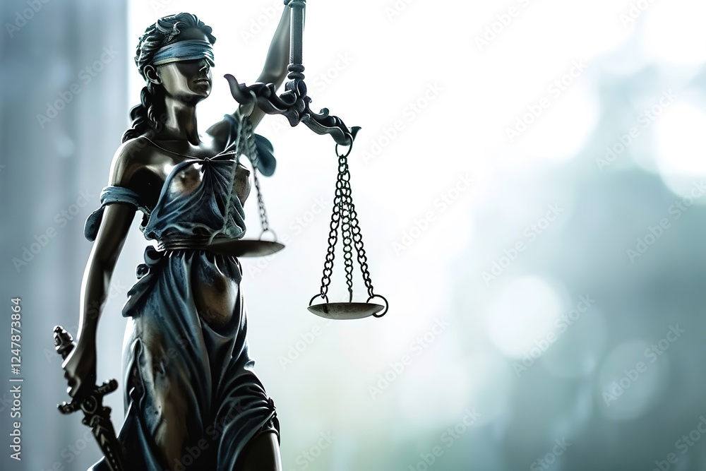 Naklejka premium Statue of justice Goddess Themis on blurred background. Symbol of law. With copy space.
