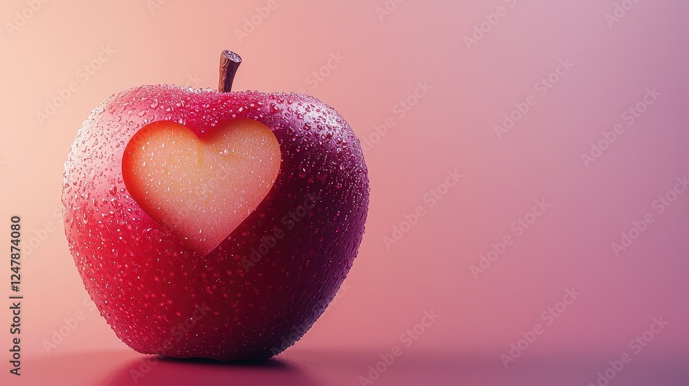 Obraz premium A glossy red apple with a heart-shaped cutout, glistening with droplets, set against a soft pink background.