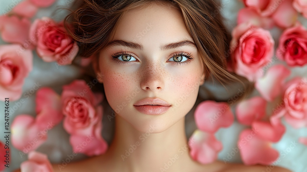 A beautiful woman with fresh red rose petals around her, symbolizing the beauty and health of her skin tone A beautiful woman with fresh red rose petals around her, symbolizing the beauty and health of her skin tone