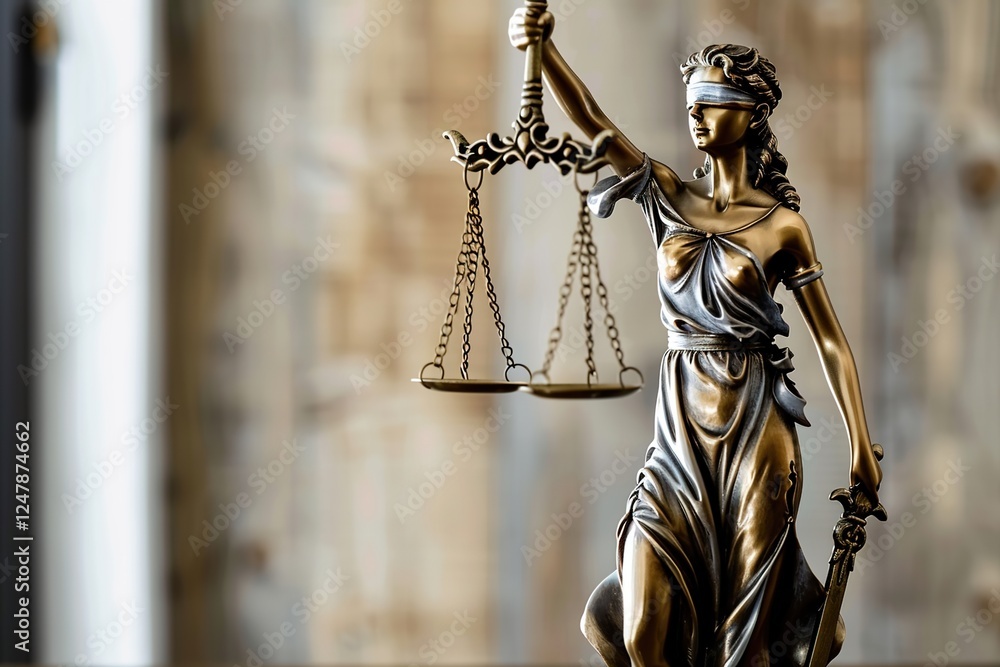 Statue of justice Goddess Themis on blurred background. Symbol of law. With copy space. Statue of justice Goddess Themis on blurred background. Symbol of law. With copy space.