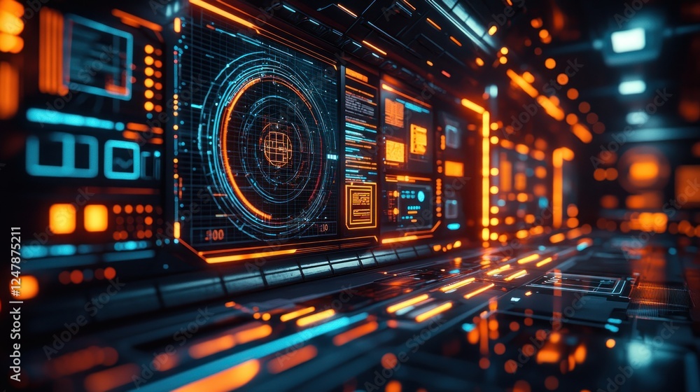 Futuristic spaceship control panel, orange and blue lights, technological interface, background corridor Futuristic spaceship control panel, orange and blue lights, technological interface, background corridor