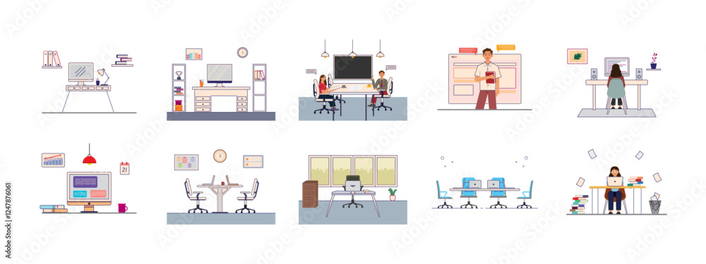 Office and workspace set illustration. Flat vector illustration concept. Office and workspace set illustration. Flat vector illustration concept.