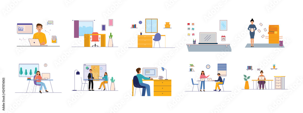 Office and workspace set illustration. Flat vector illustration concept. Office and workspace set illustration. Flat vector illustration concept.