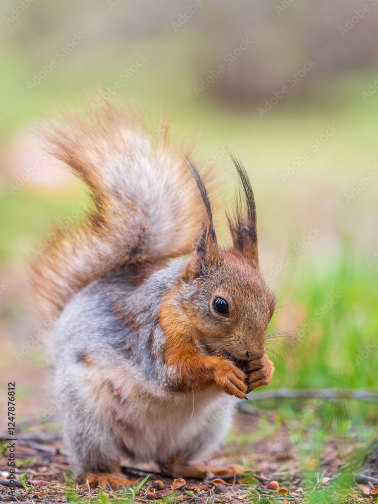 Squirrel eats a nut while sitting in green grass. Eurasian red squirrel, Sciurus vulgaris Squirrel eats a nut while sitting in green grass. Eurasian red squirrel, Sciurus vulgaris