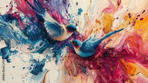 Two vibrant birds are depicted amidst a colorful explosion of paint, showcasing dynamic movement and artistic expression.