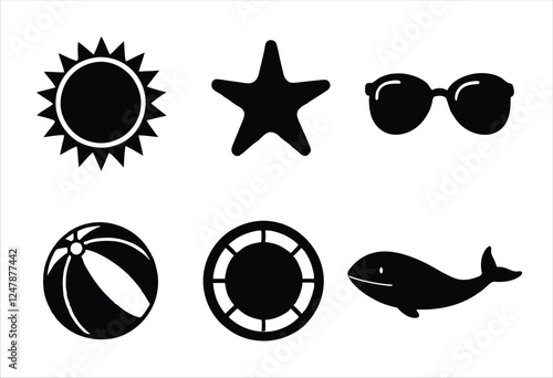 Summer Silhouette Set Collection, Silhouette Bundle, Tree Silhouette, Sun Silhouette, Starfish Silhouette, Cocktail Silhouette, Life Buoy Vector Icon.