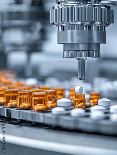 Close-up of pharmaceutical production machinery dispensing tablets.
