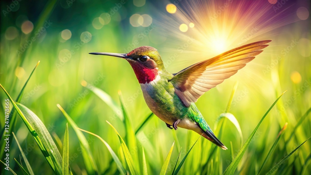 Obraz premium Hummingbird Summer Meadow: Vibrant Green Grass, Tiny Bird Photography