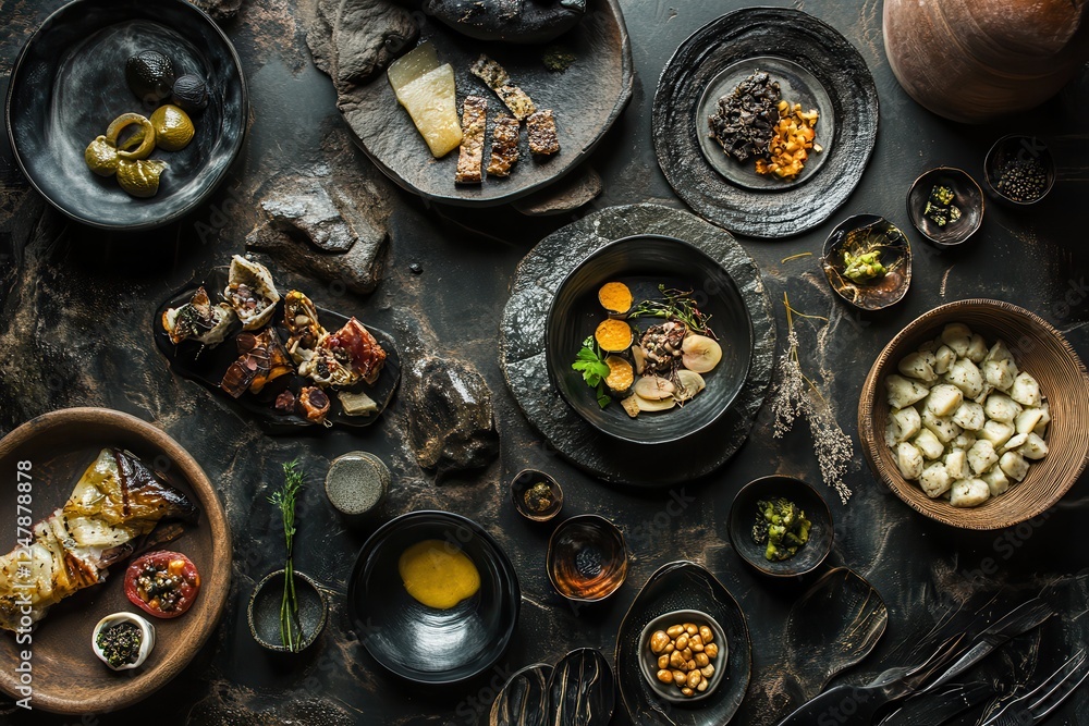 Fototapeta premium Bite-sized tapas and small plates arranged in a creative flat lay, diverse textures, vibrant tones, and cultural elements