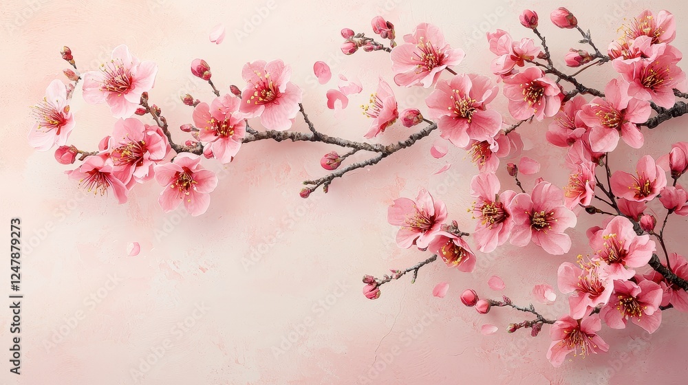 Delicate pink cherry blossoms bloom on thin branches against a soft pastel background, creating a serene and elegant composition. Delicate pink cherry blossoms bloom on thin branches against a soft pastel background, creating a serene and elegant composition.