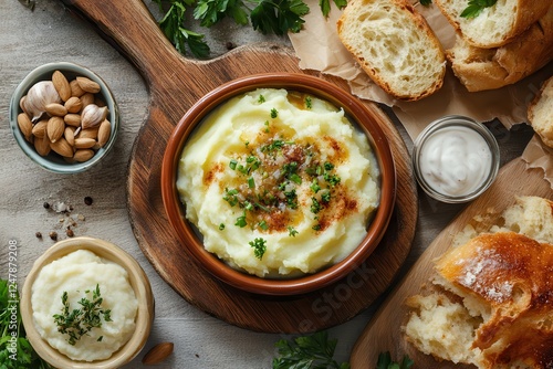 Wallpaper Mural Comfort food arrangement in a cozy flat lay style, including hot soup, mashed potatoes, and homemade bread, inviting tones Torontodigital.ca