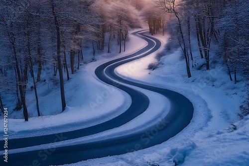 Winding road through snowy forest at dawn photo