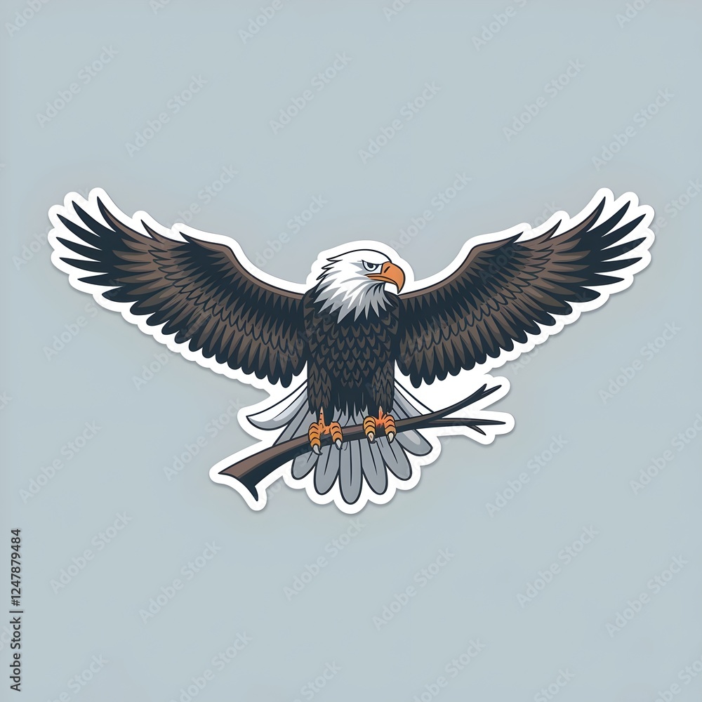 Fototapeta premium Eagle sticker design featuring a majestic bird with outstretched wings on a branch. Generative AI