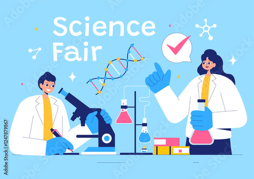 Science Fair Vector Illustration featuring a Chemist Conducting Chemical Experiments for Scientific Analysis, Data Collection, Research and Survey