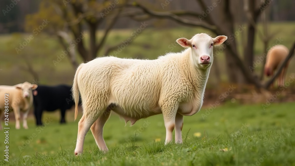 Fototapeta premium Aerial view of high tech herding AI drones monitoring the health of a flock of sheep, animal health, rural landscape, livestock