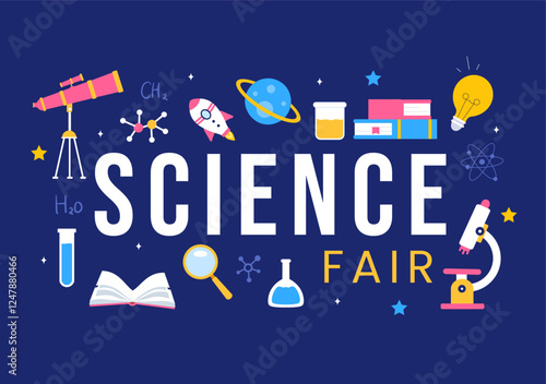 Science Fair Vector Illustration featuring a Chemist Conducting Chemical Experiments for Scientific Analysis, Data Collection, Research and Survey