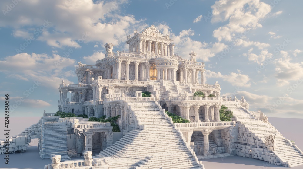 Fototapeta premium Grand Monumental Palace Surrounded by Imposing Steps and Clouds