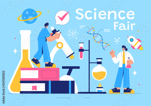 Science Fair Vector Illustration featuring a Chemist Conducting Chemical Experiments for Scientific Analysis, Data Collection, Research and Survey