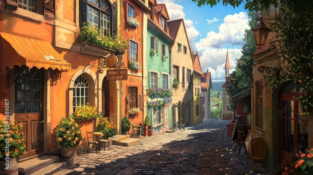 Fototapeta premium Sun-Drenched Cobblestone Street in a Charming European Village